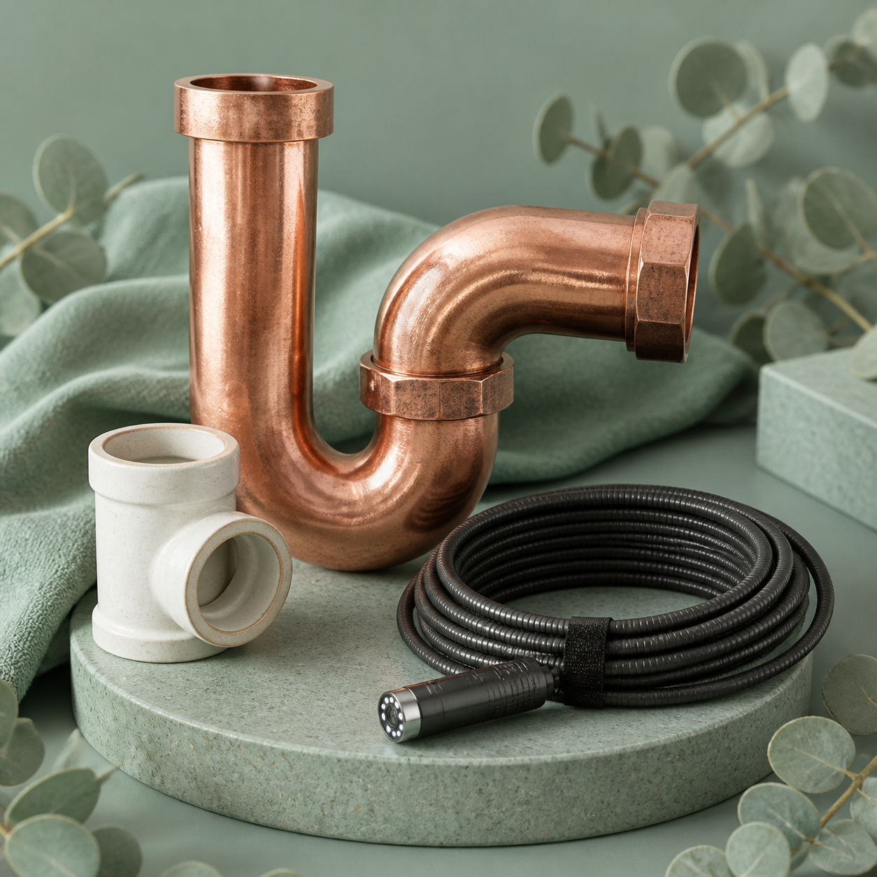 Copper drain trap and inspection camera concept
